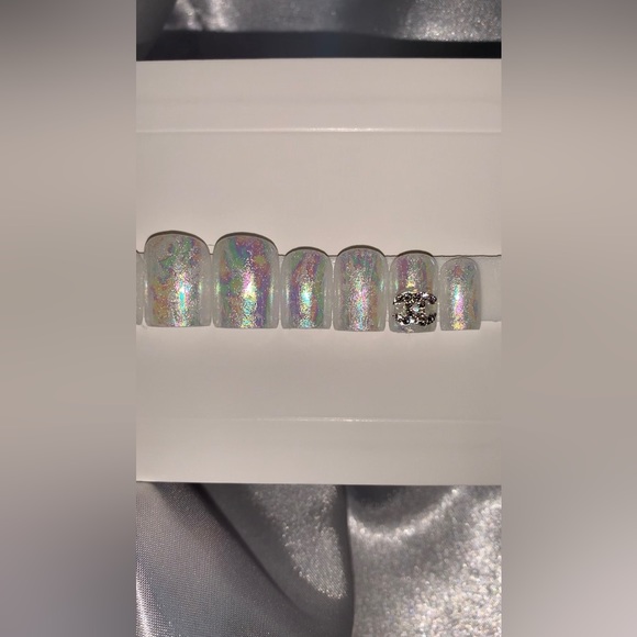 Milky White Iridescent Extra Short Square Nails with Bling Charms - Picture 4 of 8